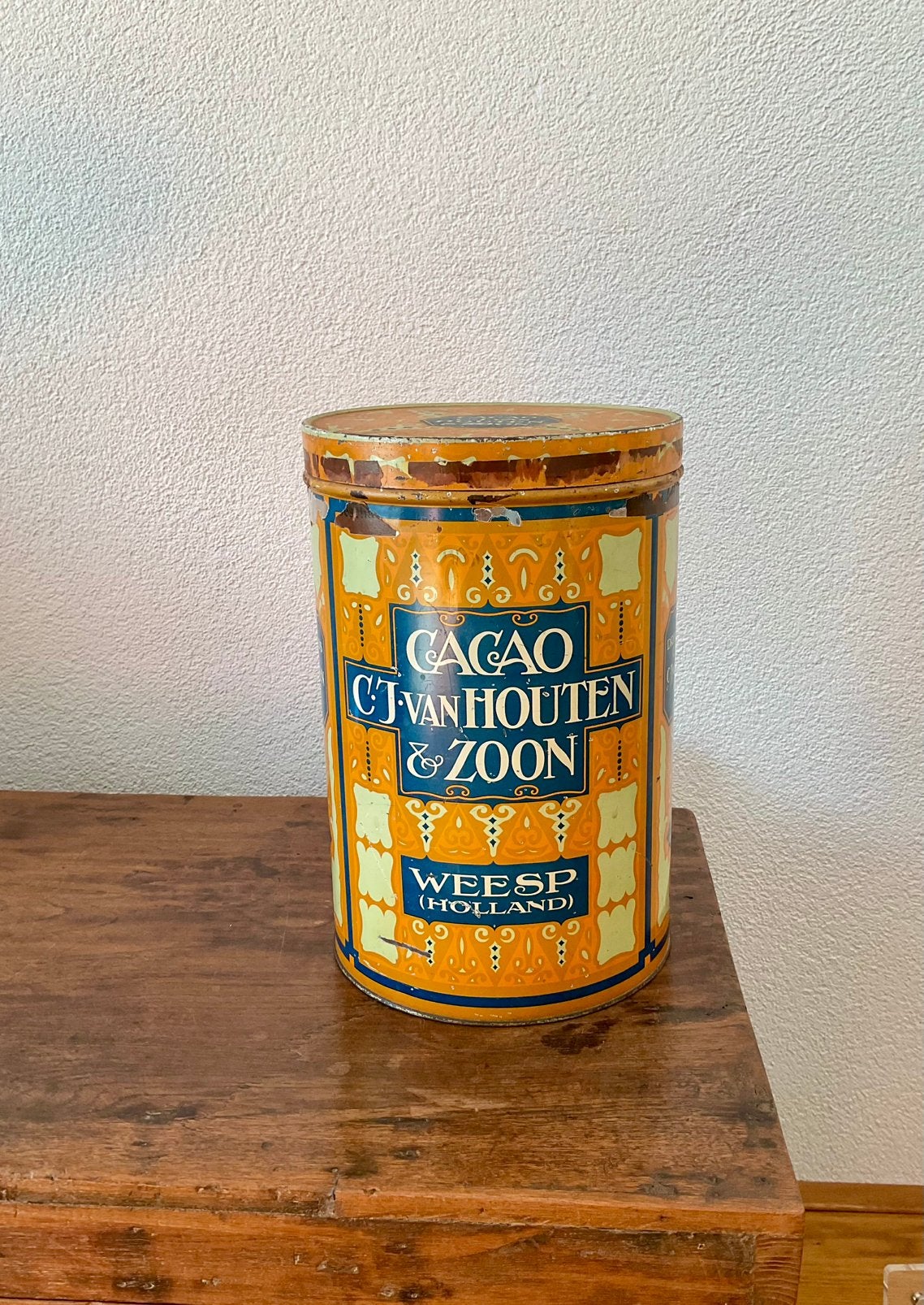 Antiek Cacao blik van Houten & zoon, 30 cm hoog, Ophalen of Verzenden