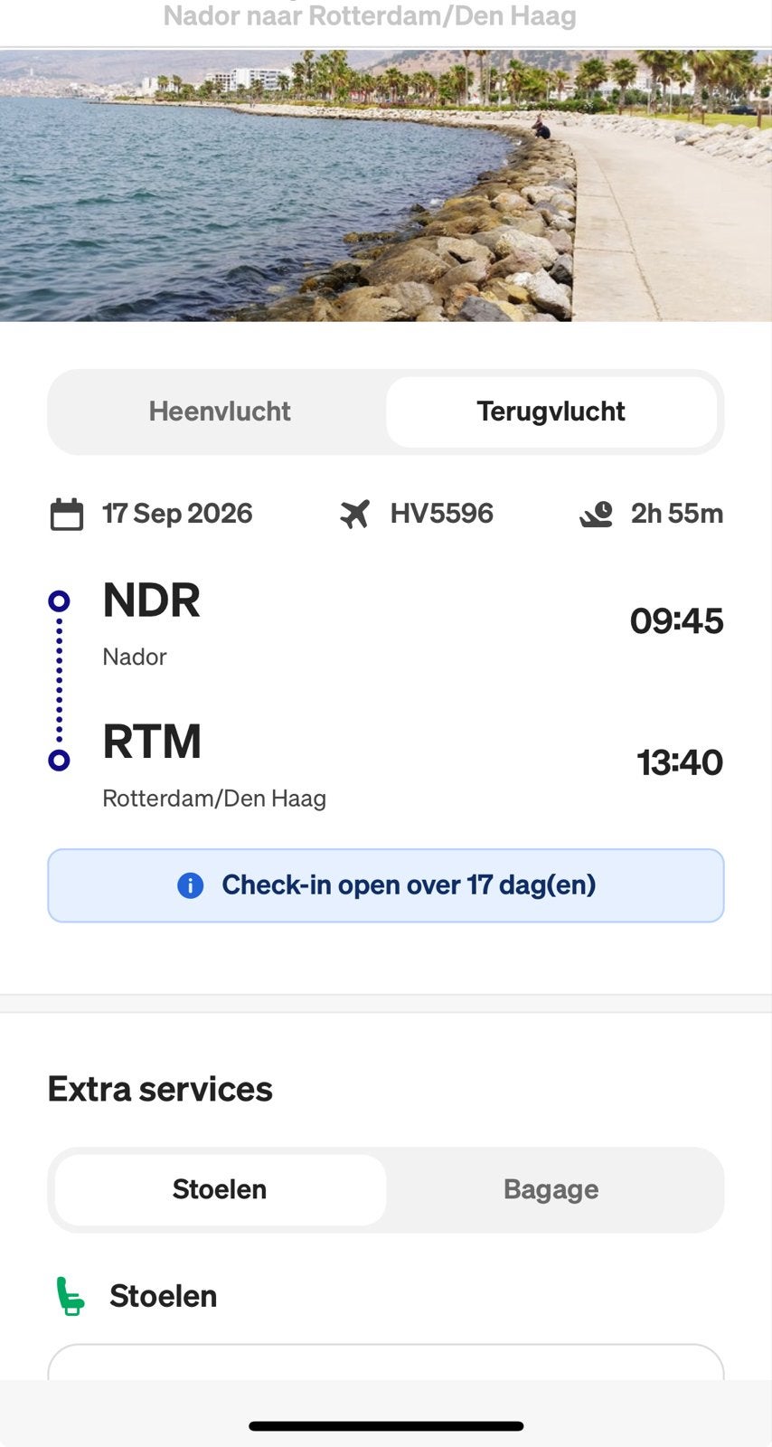 SPOED: 2x Transavia ENKELE REIS Nador ️ Rotterdam, Twee personen, Trein, Met bestemming of datum