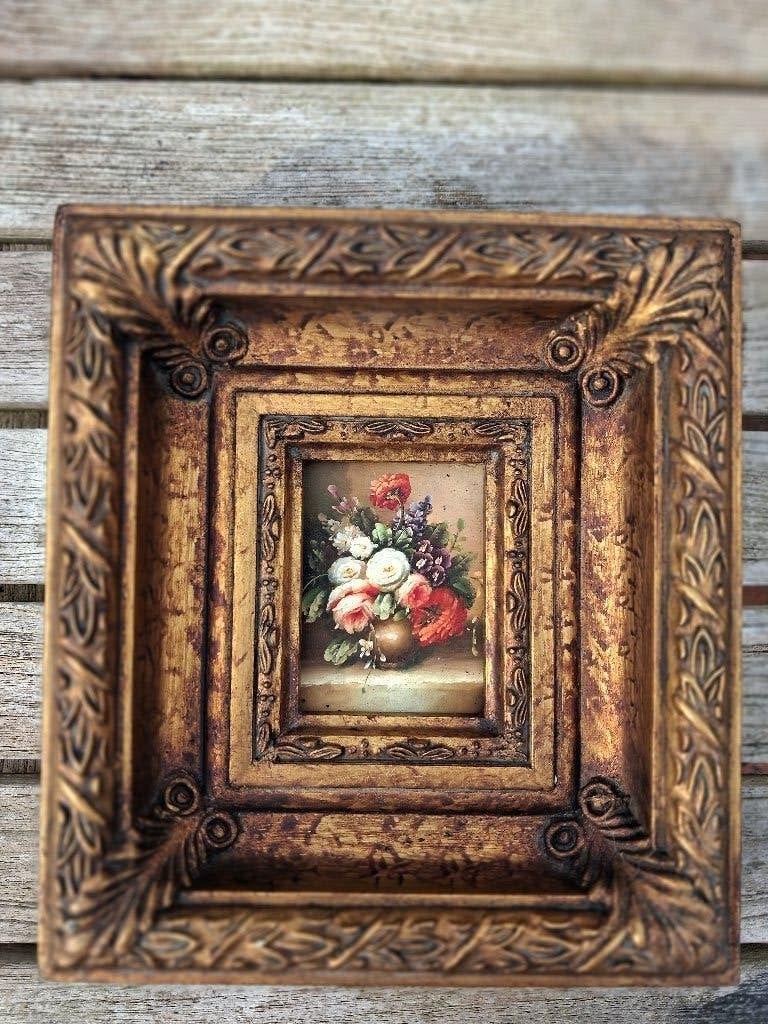 Miniatuur olieverf bloemstilleven in sierlijst, Bloemen, Paneel, Bijzondere lijst, Ophalen of Verzenden