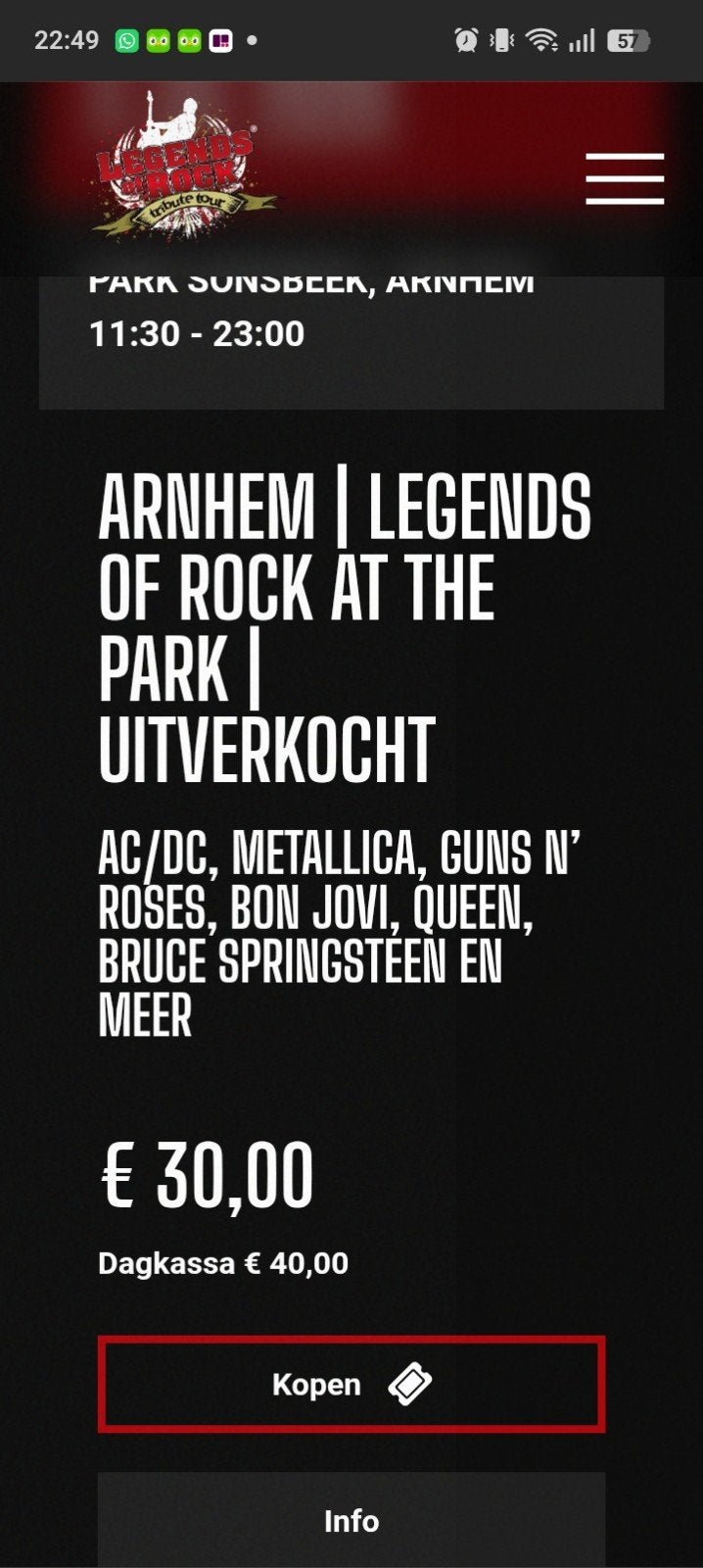 GEZOCHT legends of rock tickets Arnhem zaterdag 11/7, Tickets en Kaartjes, Eén persoon
