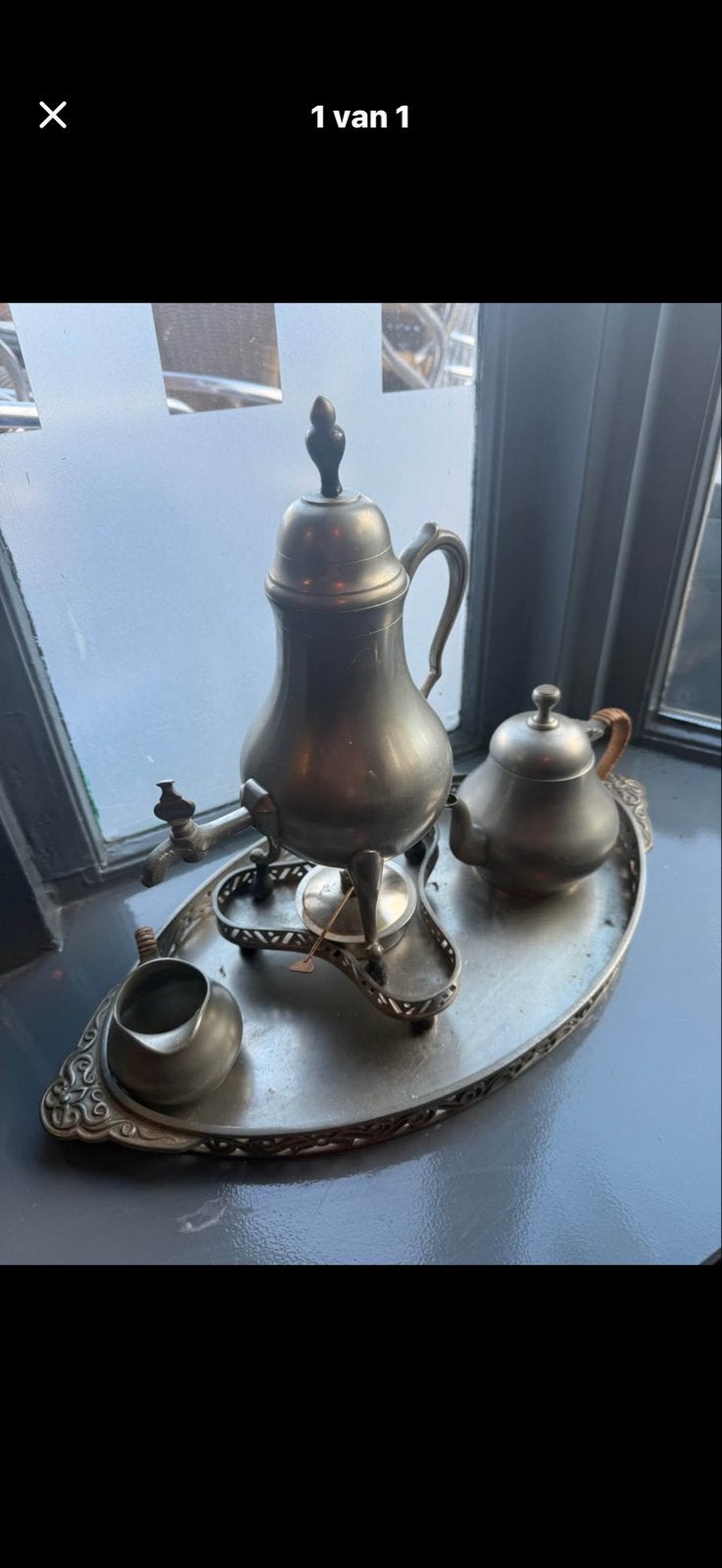 Antieke tinnen theeservies set met brander en dienblad, Ophalen of Verzenden