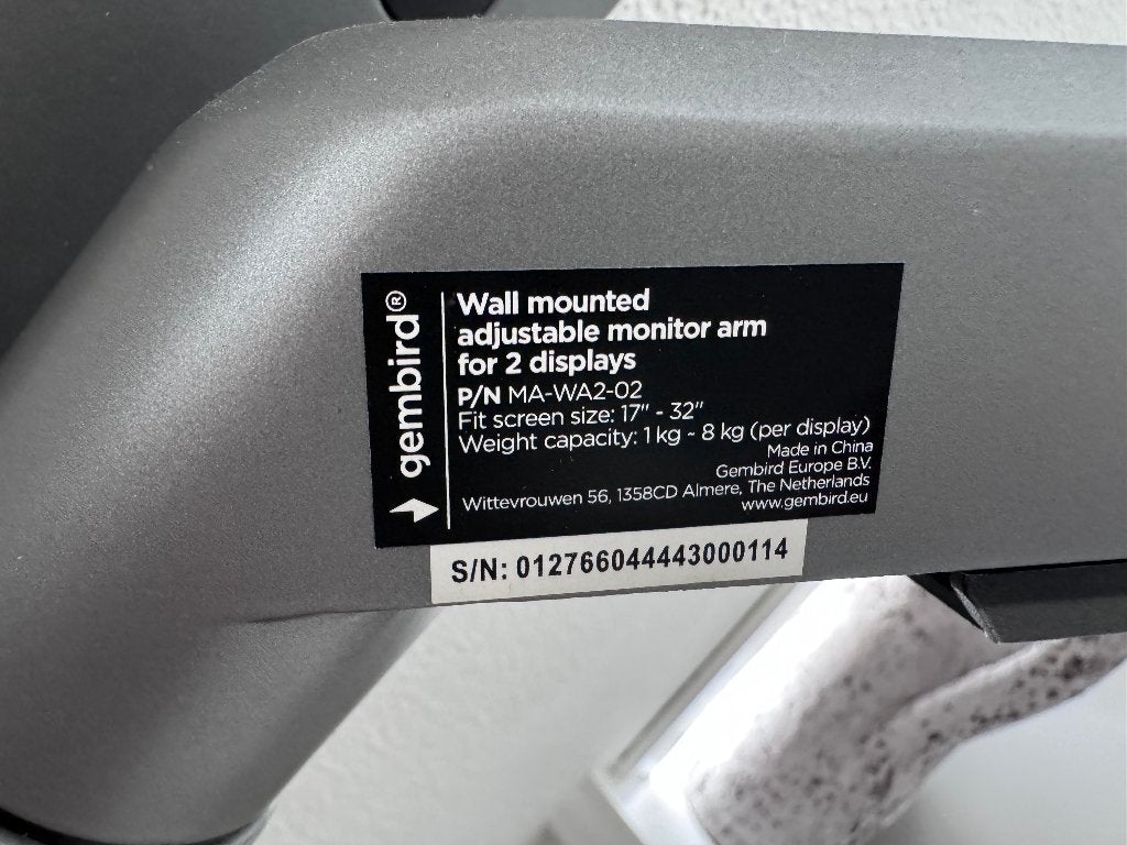 Gembird Monitorarm voor 2 monitoren (wandmontage), Computers en Software, Monitoren, Ophalen, IPS, Curved, Zo goed als nieuw
