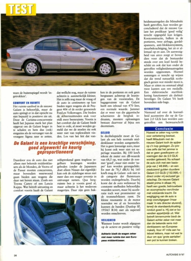 Autovisie test Mitsubishi Galant 2.0 GLSi Maart 1997, Ophalen of Verzenden, Gelezen, Mitsubishi
