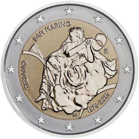 2 euro San Marino “450 Sterfdag Tiziano'’ Reverse Proof 2026, Verzenden, San Marino, 2 euro, Losse munt