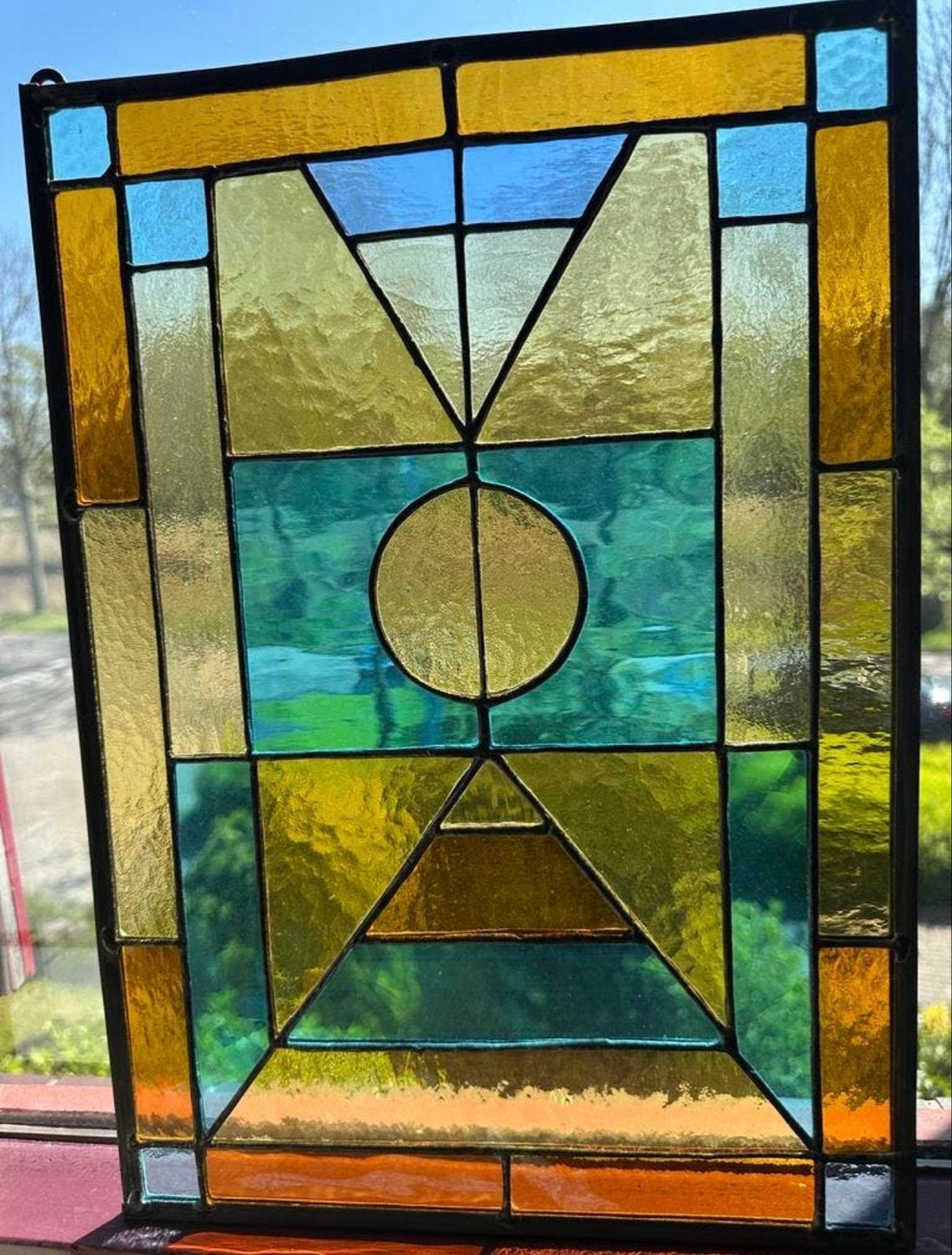 Vintage Glas-in-lood Raamhanger - Geometrisch Design, Antiek en Kunst, Antiek | Glas en Kristal, Ophalen of Verzenden