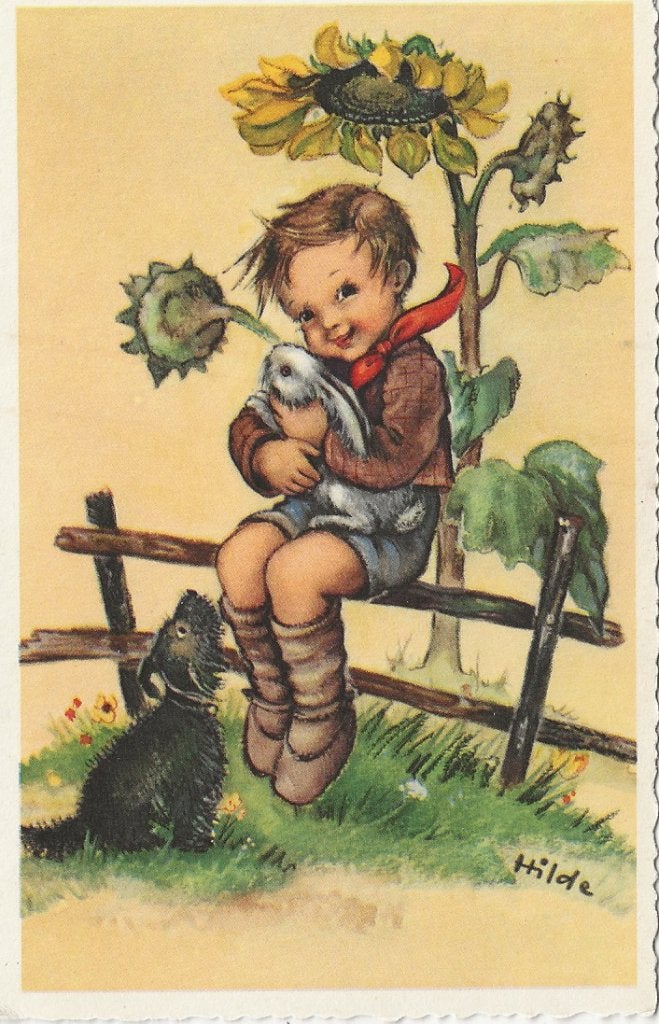 Jongen met konijn en hond – ill. Hilde, Ophalen of Verzenden, 1940 tot 1960, Ongelopen, Kinderen