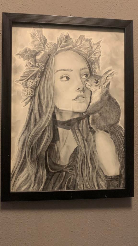 Nature vibe tekening in lijst, Antiek en Kunst, Kunst | Tekeningen en Foto's, Ophalen