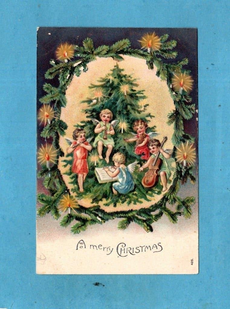 Pracht oude kerstkaart/reliéf W236 - Musicerende engeltjes, Verzenden, Voor 1920, Ongelopen, Feest(dag)