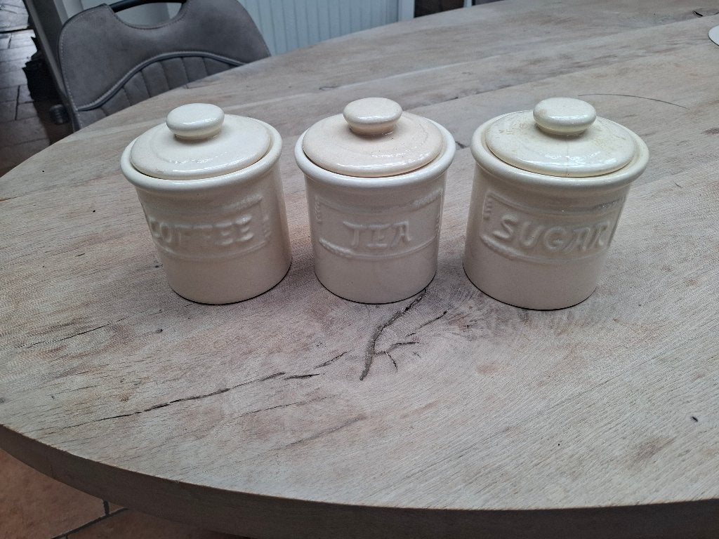 Koffie tea suiker potten., Huis en Inrichting, Keuken | Potten en Pannen, Ophalen, Gebruikt, Overige materialen, Pot, Bus of Blik