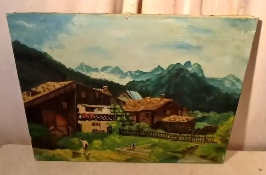 Mooi Oud Geschilderd Werk 'Dorpje Bij Bergen' - Laerenbergh, Doek, Ophalen of Verzenden, Landschap, Olieverf