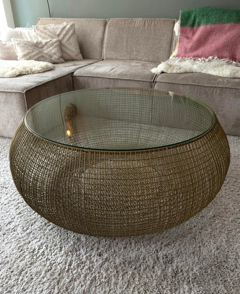 Kare Design Cesta Glazen Salontafel Met Goud Gaas, Huis en Inrichting, Tafels | Salontafels, Ophalen, 100 tot 150 cm, 50 tot 100 cm