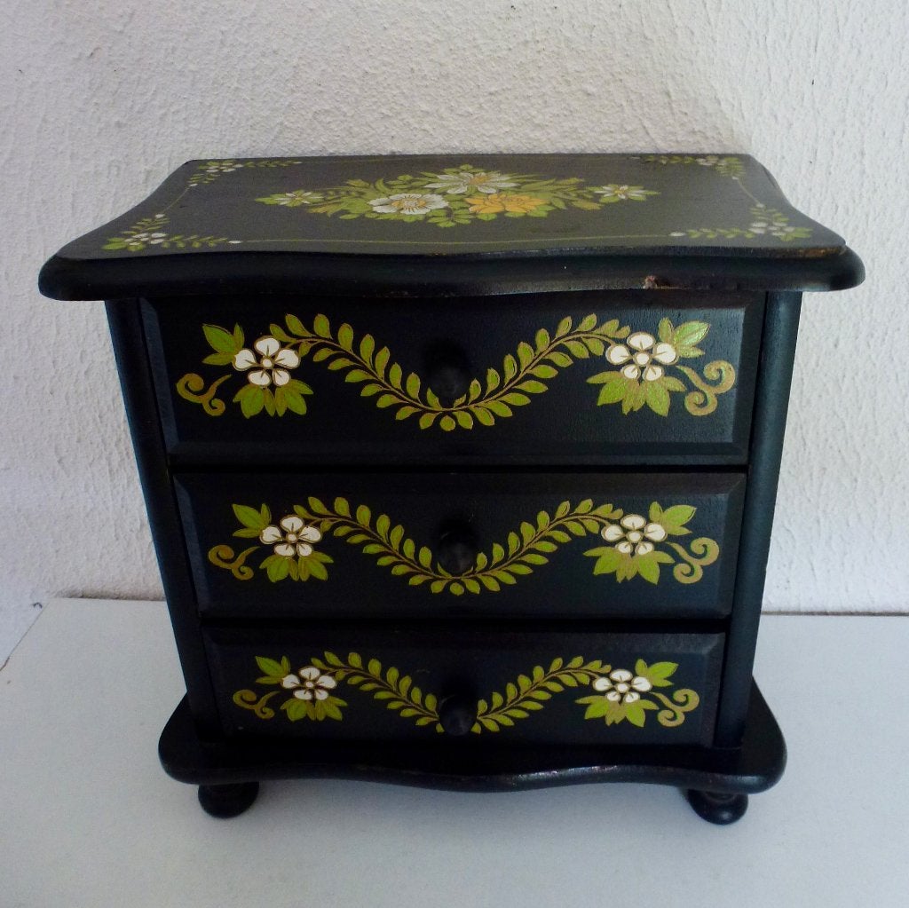 Vintage sieradendoosje, mini ladenkastje met muziekdoos., Verzenden, Persoonlijke verzorging
