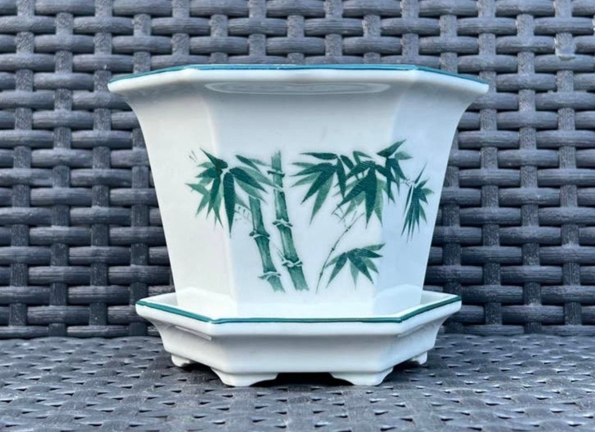 Bonsai pot + onderzetter gedecoreerd porselein 14,1x12,3x9,5, Tuin en Terras, Bloempotten, Overige materialen, Nieuw, Ophalen of Verzenden
