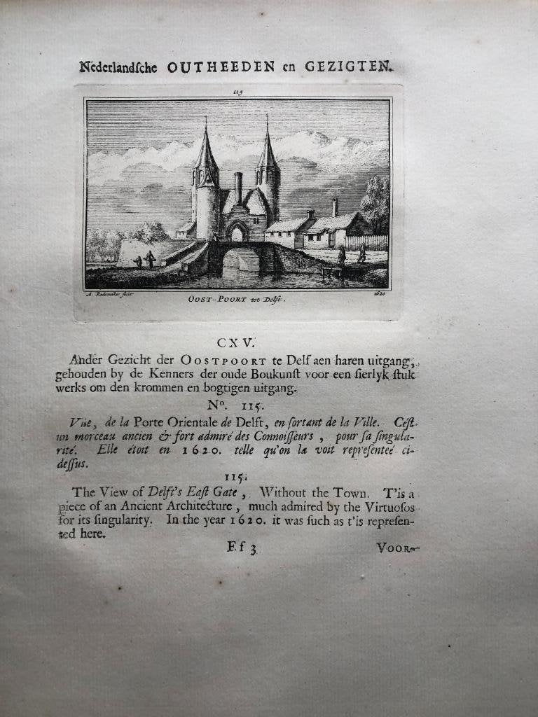 115 / Delft de Oostpoort Kopergravure 1732, Antiek en Kunst, Kunst | Etsen en Gravures, Ophalen of Verzenden