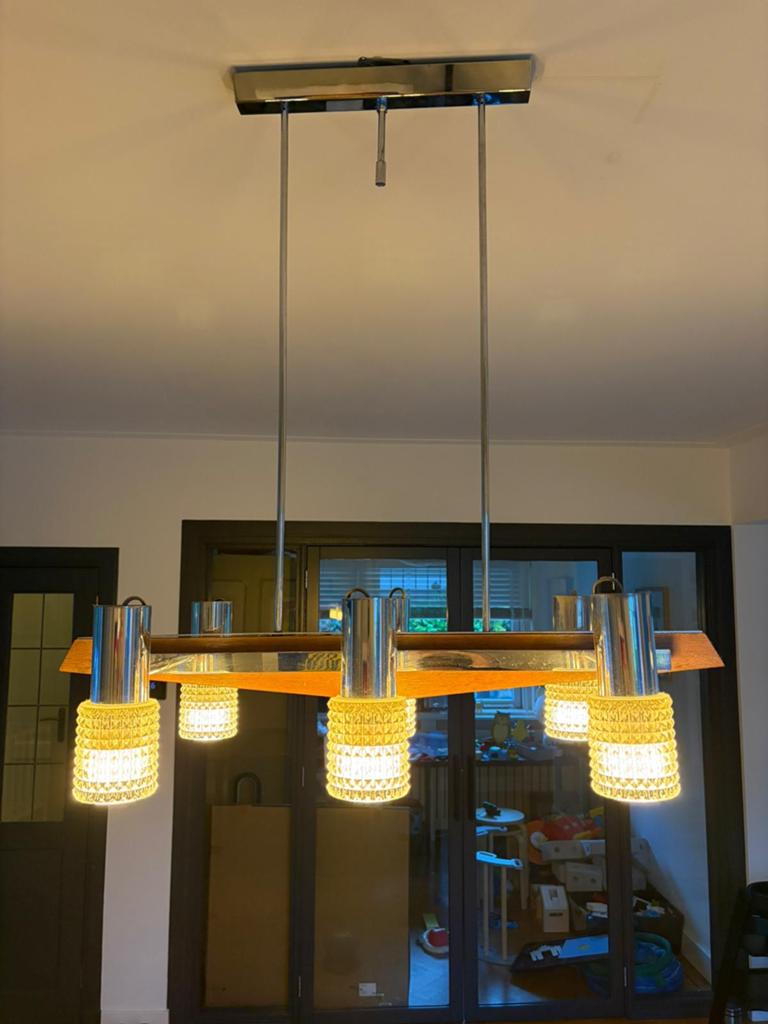 Vintage Hanglamp Chroom, Teak & Glas - Jaren '60/'70 Design, Ophalen of Verzenden