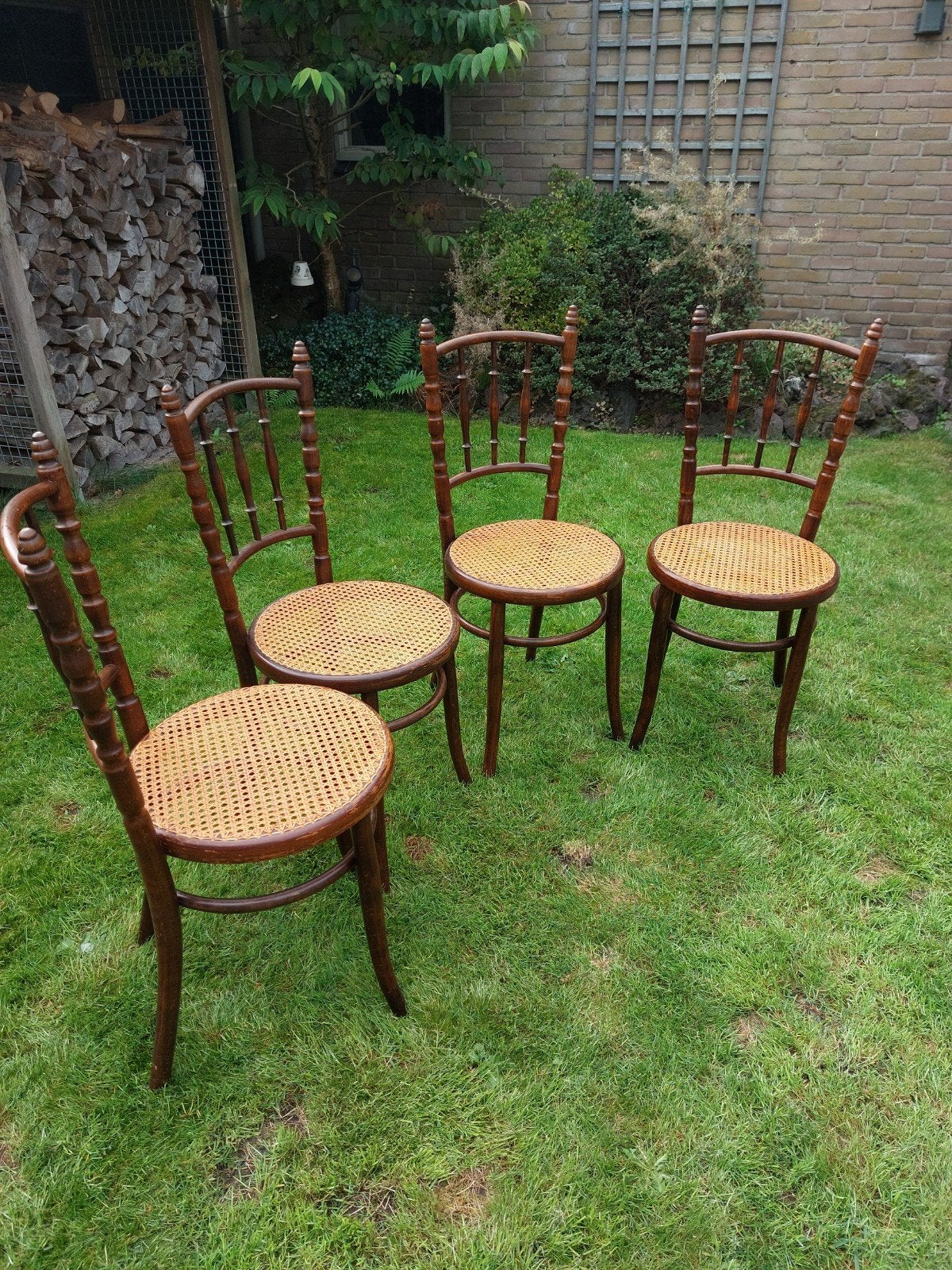 Set van 4 antieke Fischel Thonet stoelen met rotan zitting, Antiek en Kunst, Ophalen
