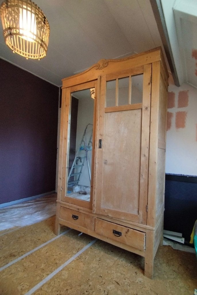 DEMONTABELE VINTAGE GRENEN LINNEN/ KLEDINGKAST MET SPIEGEL, Ophalen, Gebruikt, 100 tot 150 cm, Met lade(s)