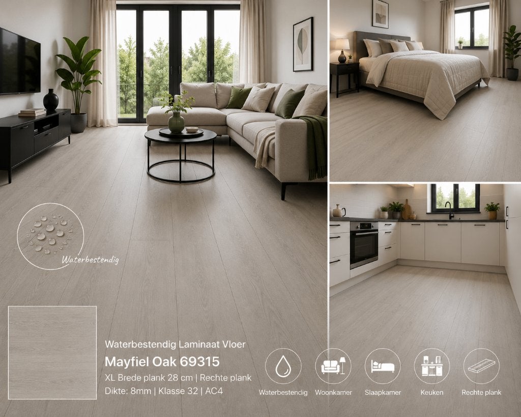 Waterbestendig 28cm breed Laminaat Mayfiel Oak Easy click, 28cm breed waterbestendig laminaat beige, 75 m² of meer, Beige, Nieuw