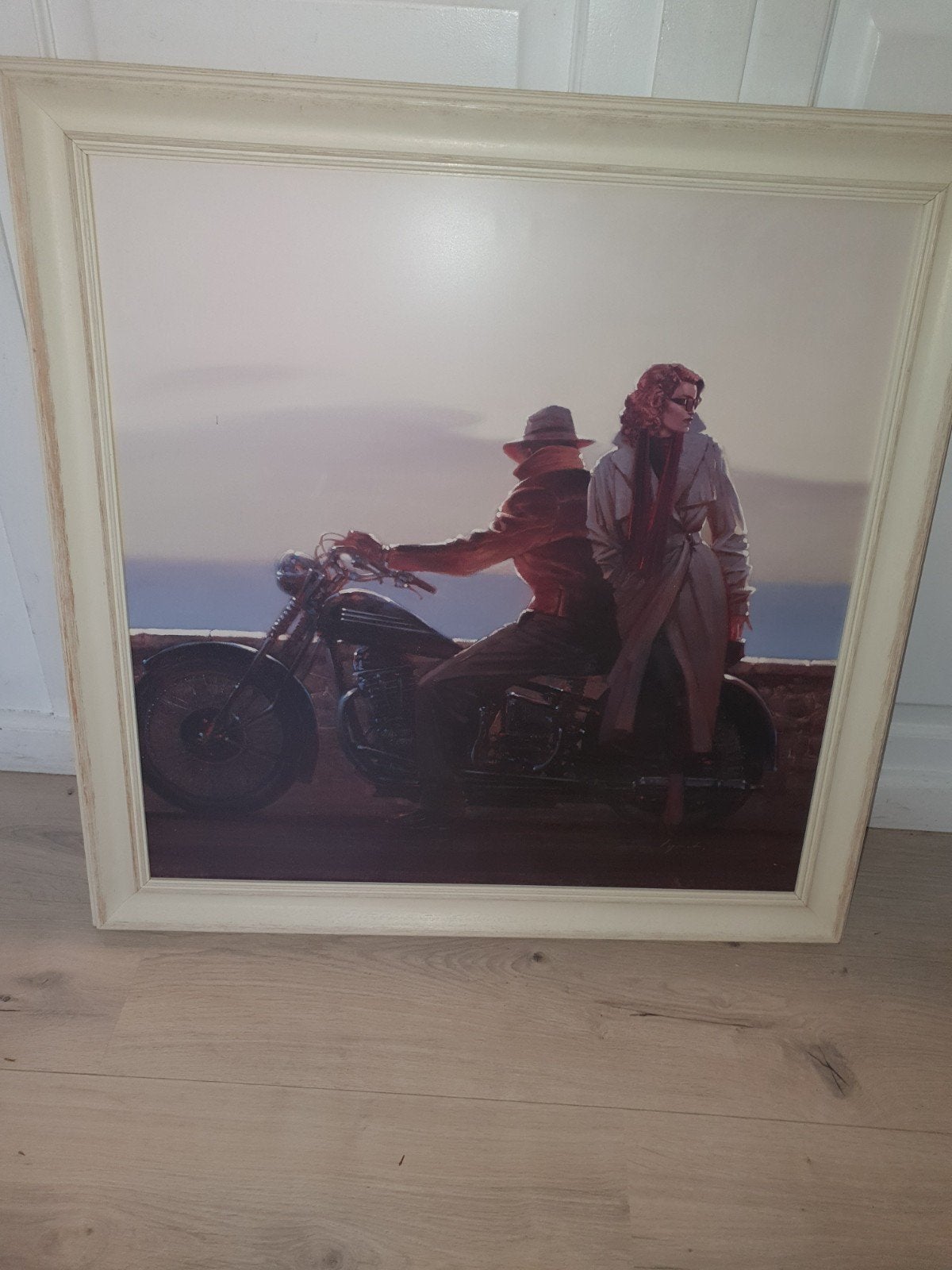 Mooi schilderij op hout - Man en vrouw op motor, Antiek en Kunst, Kunst | Schilderijen | Klassiek, Paneel, Portret of Personen