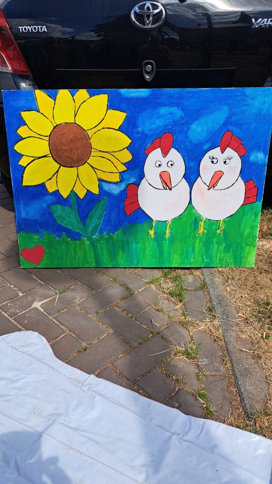 Vrolijk Schilderij: Zonnebloem en Kippen, Ophalen of Verzenden