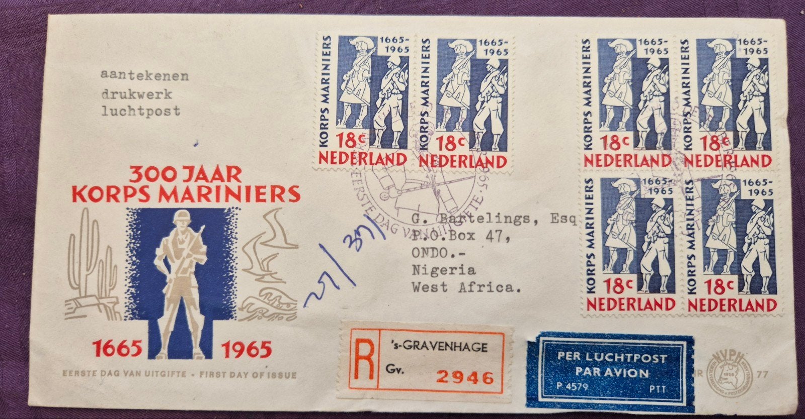 300 JAAR KORPS MARINIERS 1E DAG NO 77 ENVELOP NAAR  NIGERIA, Postzegels en Munten, Ophalen of Verzenden