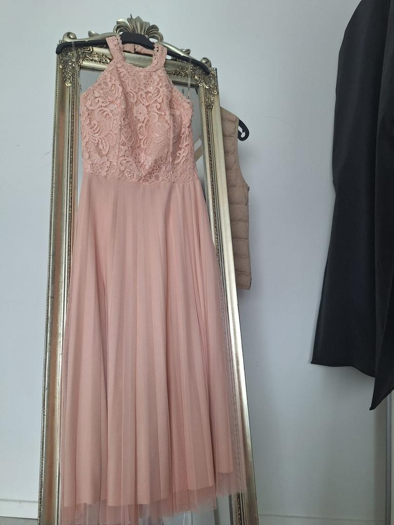 Midi jurk met halternek zalmroze lichtroze maat XS / S, Kleding | Dames, Gelegenheidskleding, Galajurk, Verzenden, Roze, Maat 34 (XS) of kleiner