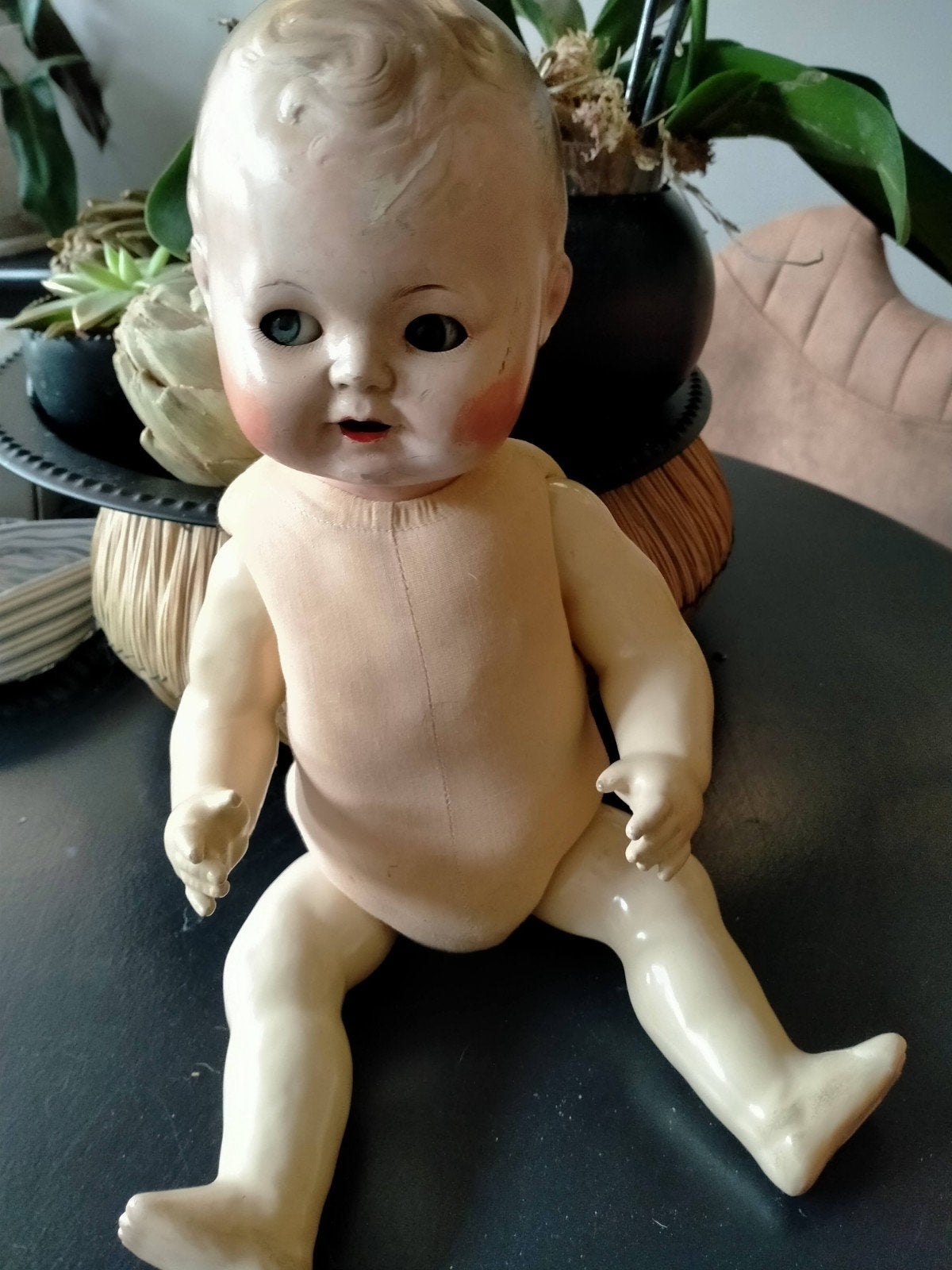 Antieke pop met een een heel lief koppie, Verzamelen, Poppen, Ophalen of Verzenden, Gebruikt, Pop