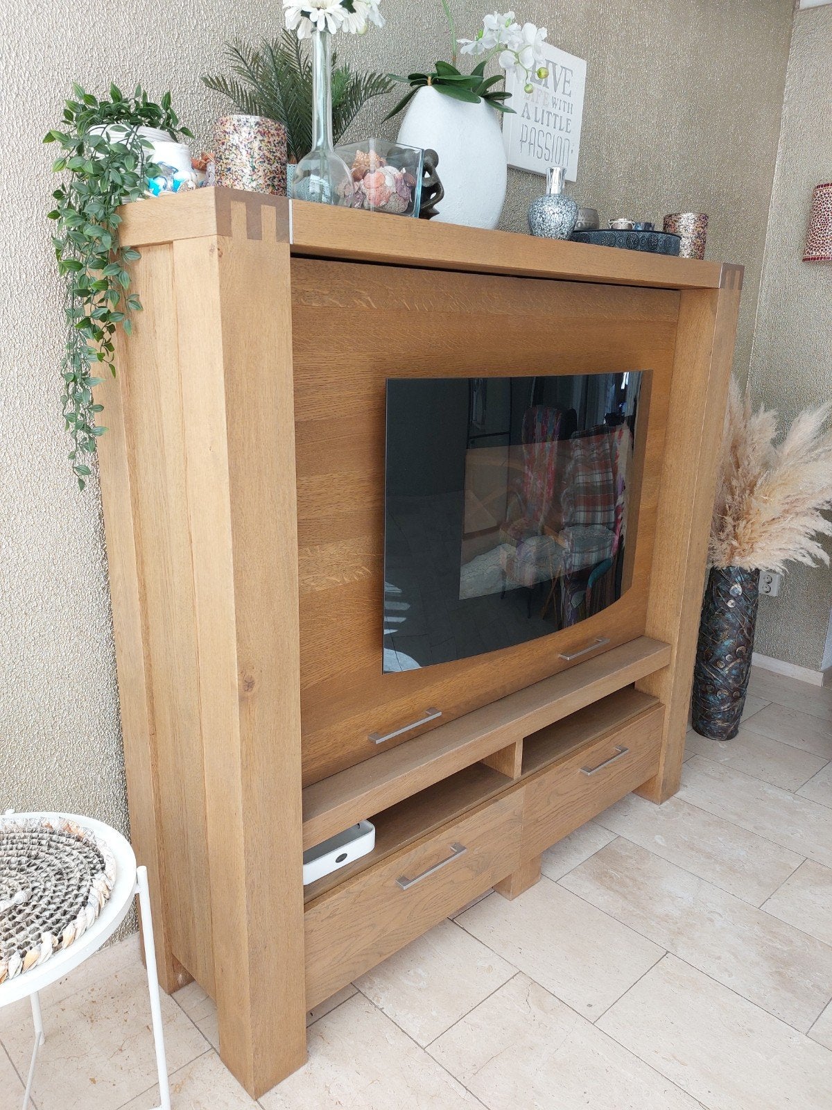 Eiken tv-meubel, 155(b)x154(h)x45(d) evt. met haard., Huis en Inrichting, Ophalen, 150 tot 200 cm, Eikenhout, Zo goed als nieuw