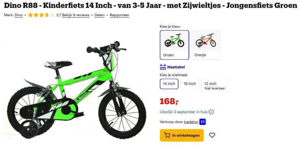 Dino R88 - Jongensfiets - 14 Inch - 3-5 Jaar - Zijwieltjes, Zijwieltjes, Velgrem, Ophalen, Overige merken