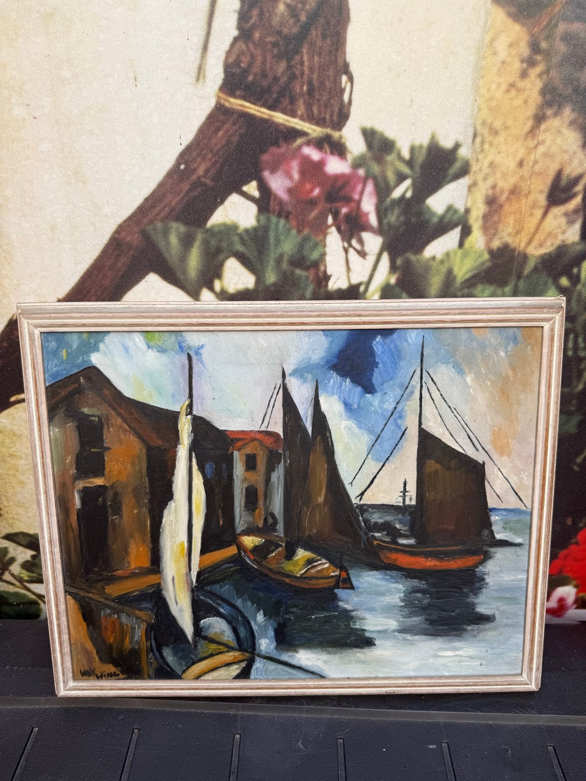 Olieverfschilderij: Haven met zeilboten, Antiek en Kunst, Maritiem / water, Doek, Realistisch, Ophalen of Verzenden