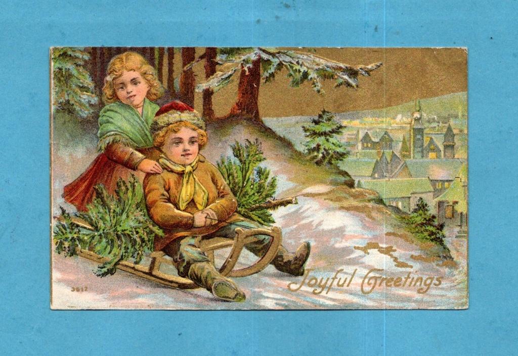 Pracht oude kerstkaart/reliéf S850 - Kinderen met sleetje, Verzenden, Voor 1920, Gelopen, Kinderen