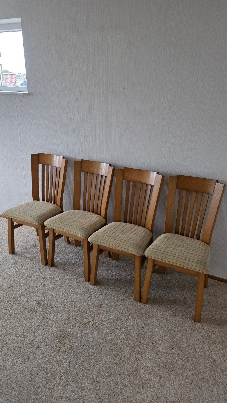 Set van 4 houten eetkamerstoelen met stoffen zitting, Ophalen, Gebruikt, Overige kleuren, Vier