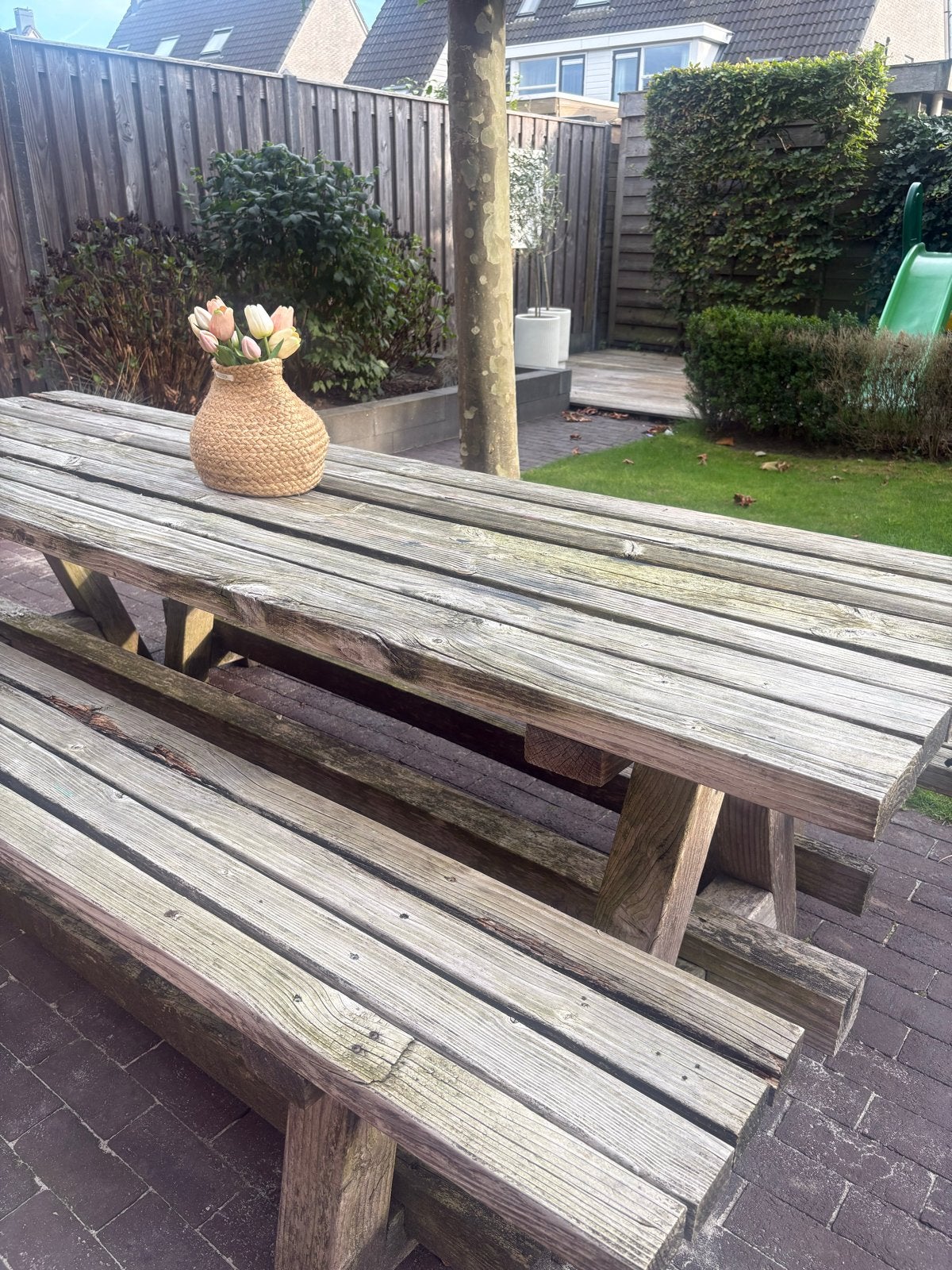 Robuuste houten picknicktafel met losse banken, Tuin en Terras, Ophalen, Gebruikt, Rechthoekig, Hout