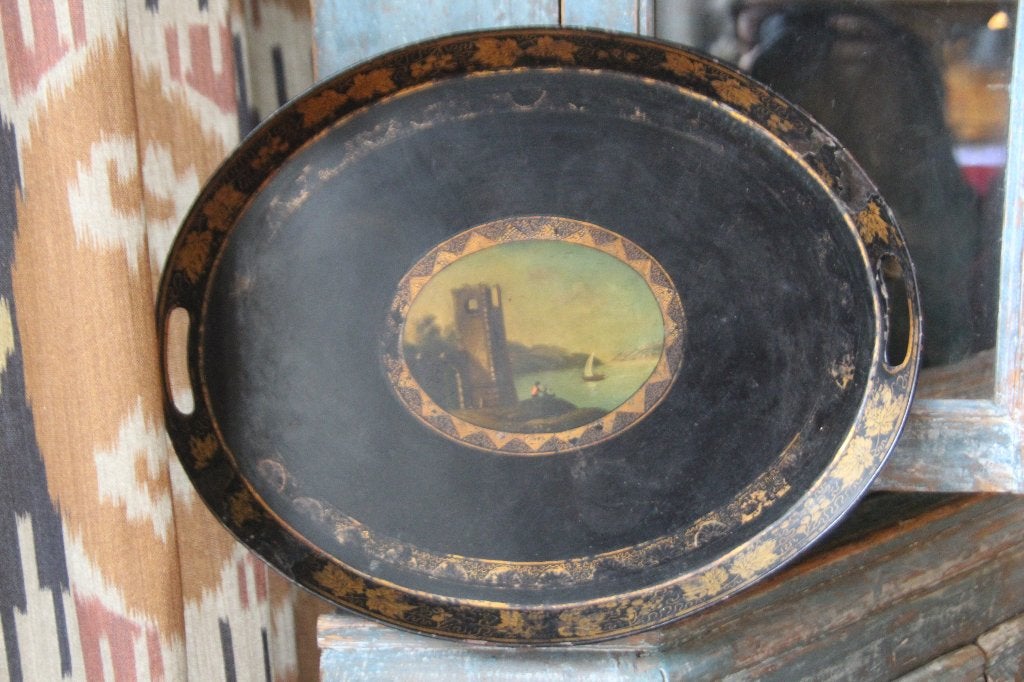Antiek frans empire dienblad handbeschilderd landschap, Antiek en Kunst, Ophalen of Verzenden