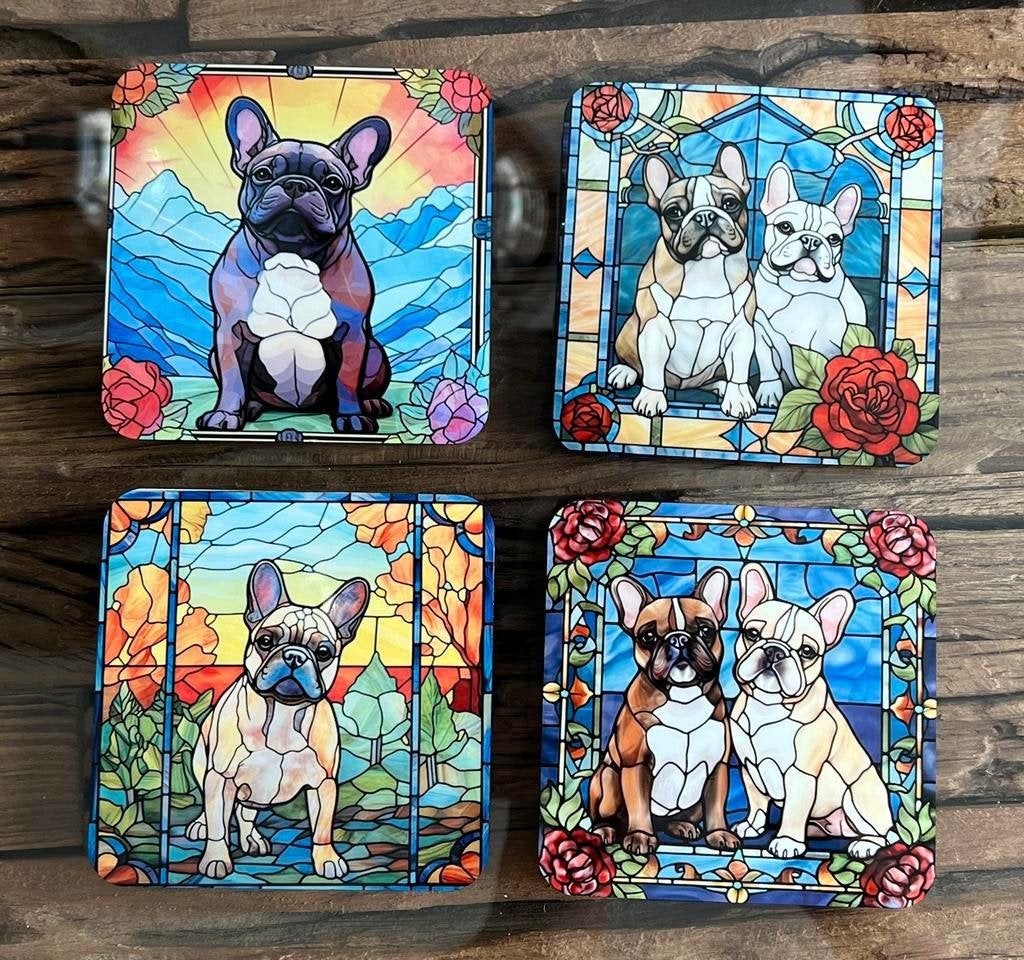 Franse Bulldog Glas in Lood onderzetters met houder, Ophalen of Verzenden, Nieuw