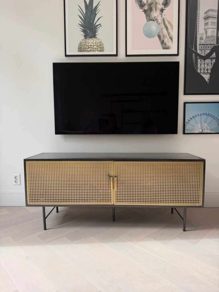 Maisons du Monde, wand/tv kast 140 cm zwart/goud, Ophalen, Met plank(en), Zo goed als nieuw, Minder dan 150 cm
