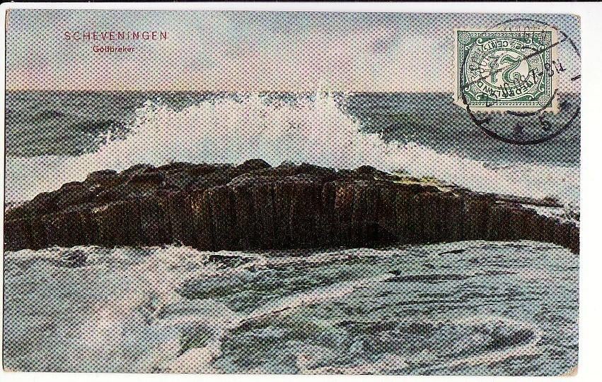 Scheveningen Golfbreker. Zegel op beeldzijde. kaart 1908., Verzenden, Voor 1920, Gelopen, Zuid-Holland