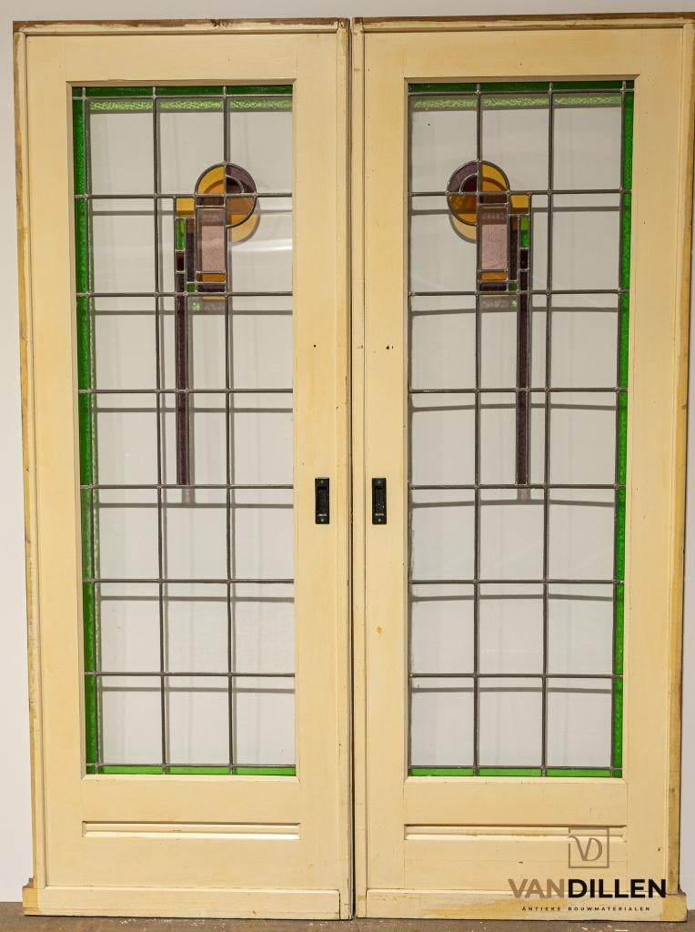 Art Deco ensuite schuifdeuren met glas in lood 213 x 155, Doe-het-zelf en Verbouw, Ophalen, 120 cm of meer, Binnendeur, Zo goed als nieuw