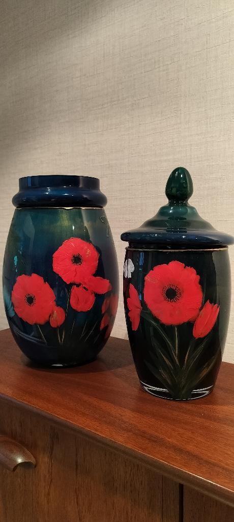 Set van 2 vazen (glas met de hand beschilderd), Ophalen, Blauw, Minder dan 50 cm, Glas