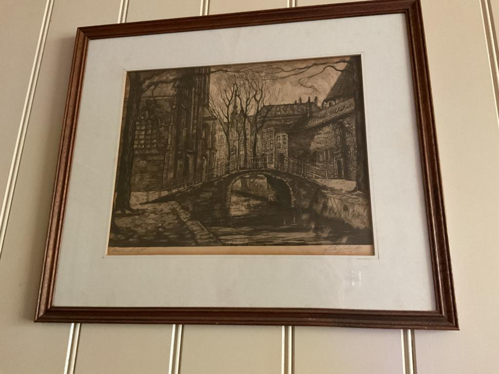 Stadsgezicht met brug en kerk - Gesigneerde ets Delft, Ophalen, Ets, Stadsgezicht, Gesigneerd