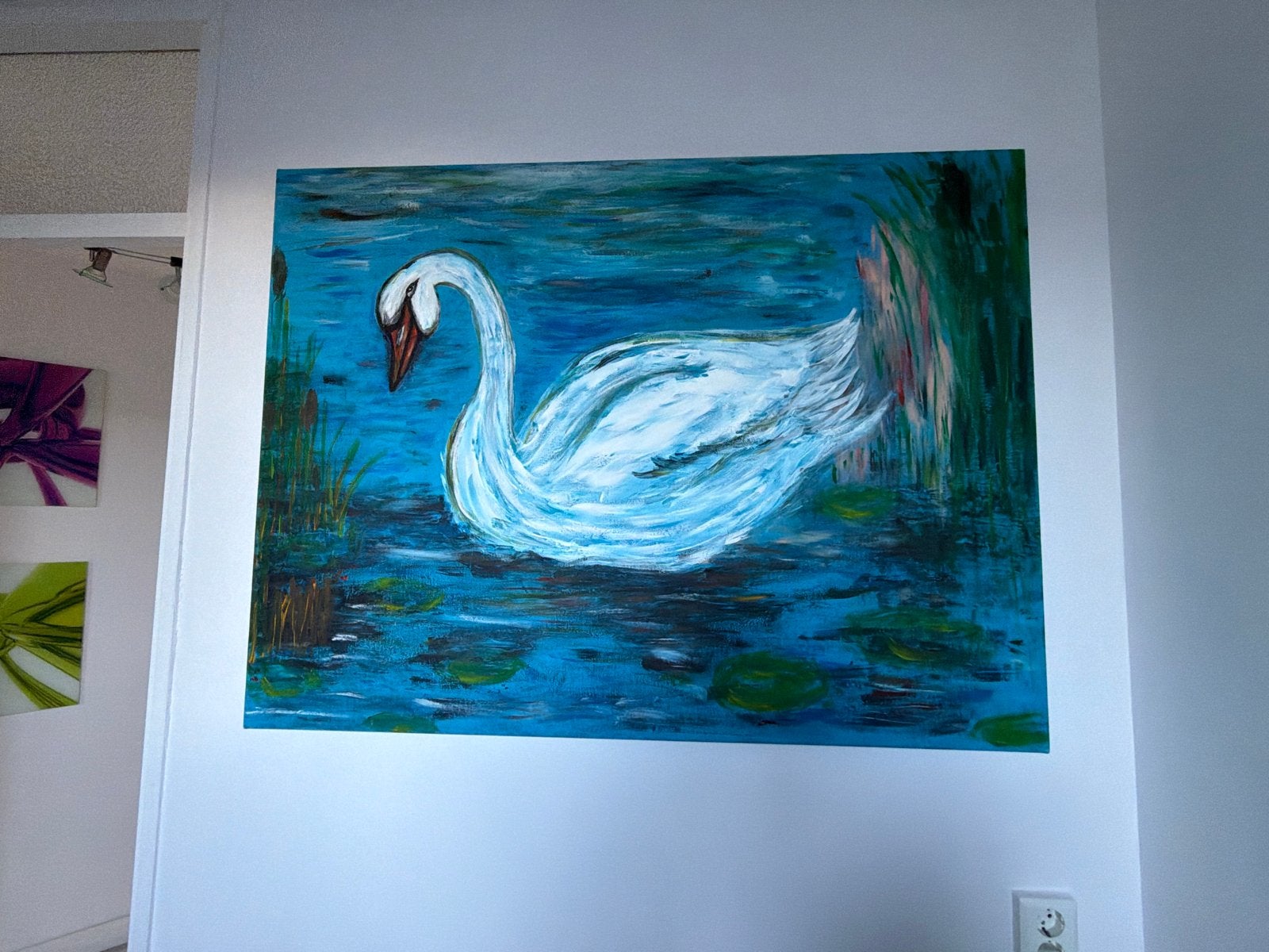 Schilderij Zwaan in Water - Handgeschilderd Kunstwerk, Ophalen