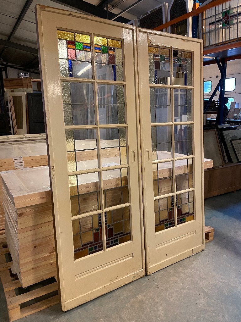 Set schuif / en-suite deuren met glas in lood 212x155cm., Ophalen