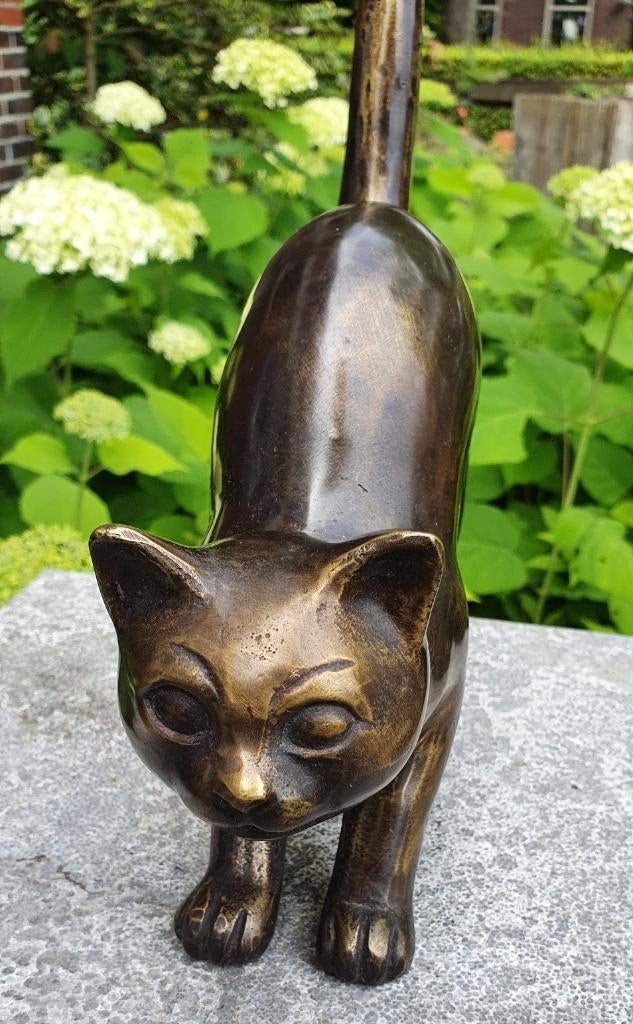 POES DIE SCHRIKT / bronzen dierenbeeld / KAT, Dierenbeeld, Nieuw, Info@huisentuindecoratiemarie.nl, Huis en tuin decoratie marie