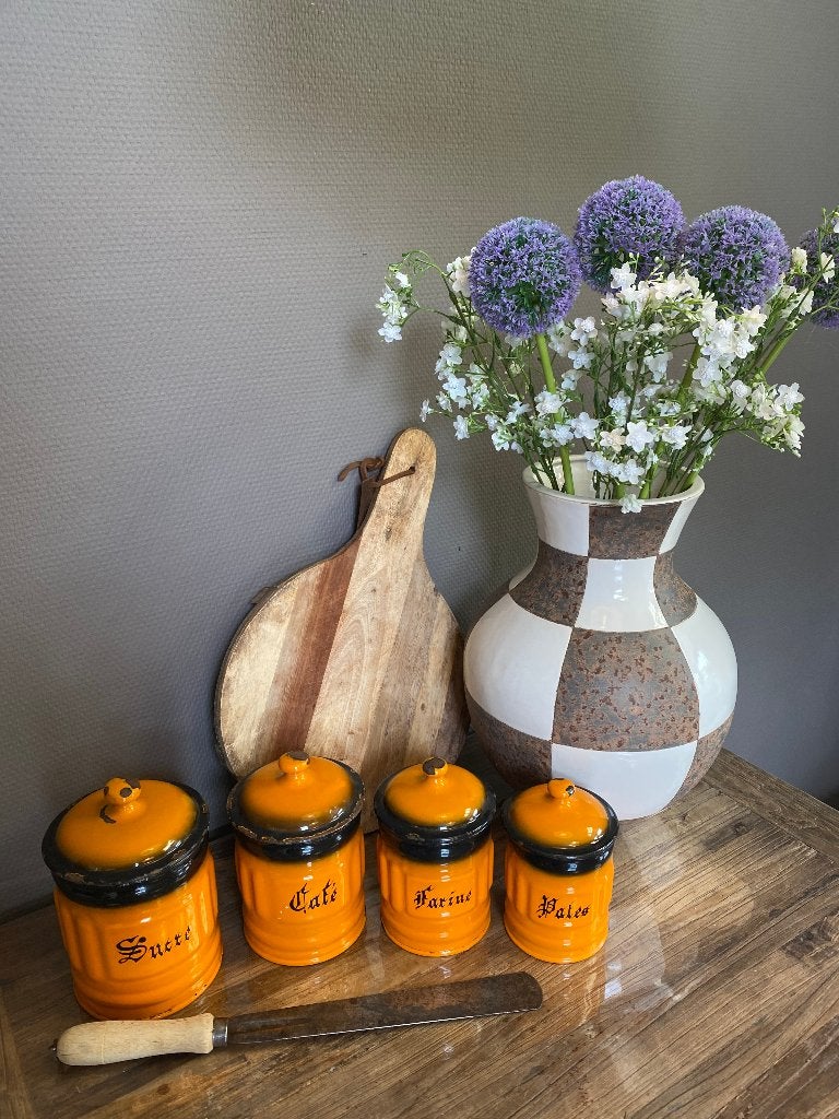Brocante emaille Franse voorraadpotten oranje met zwart, Antiek en Kunst, Ophalen of Verzenden