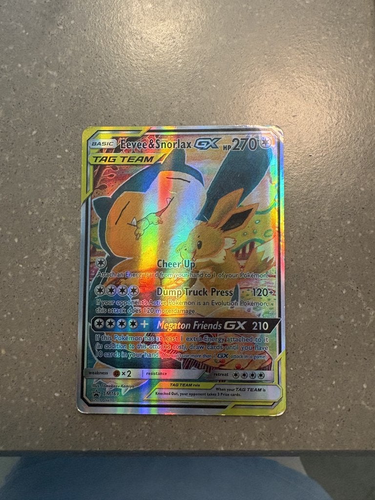 Eevee & Snorlax GX - SM169  (Prachtige Voorkant!), Ophalen of Verzenden, Zo goed als nieuw, Losse kaart, Foil