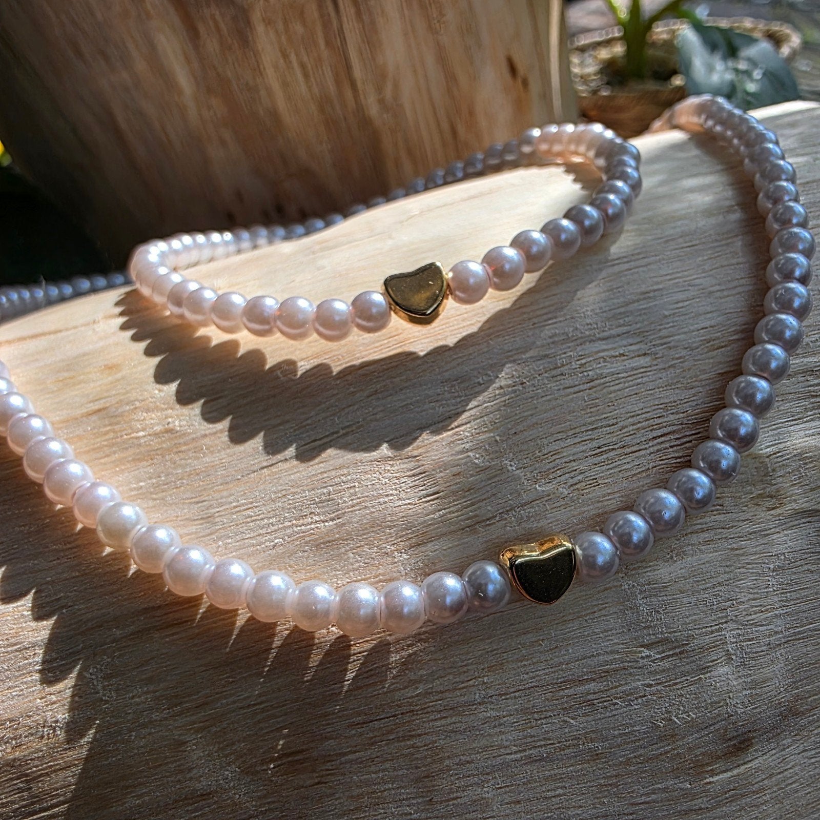 Elegante armband en parelketting set, Met hanger, Kunststof, Beige, Nieuw