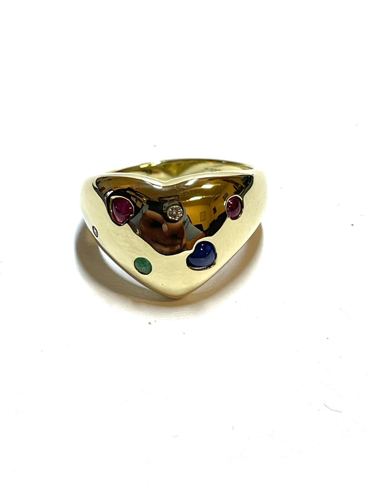 8k gouden ring met smaragd, robijn, saffier en zirkonia, -, -, Ophalen of Verzenden, Zo goed als nieuw