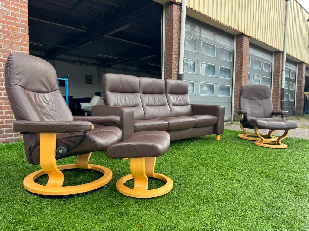 STRESSLESS Wave bankstel bruin leer design 3 bank+2fauteuils, Ophalen, Geen, Pahest@hotmail.nl, Design