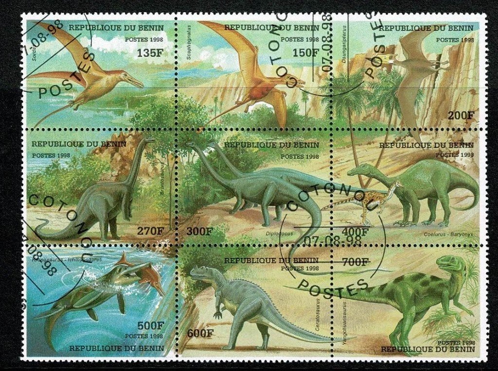 Pré historische dieren op postzegelvel Benin 1998, Verzenden, Gestempeld, Dier of Natuur