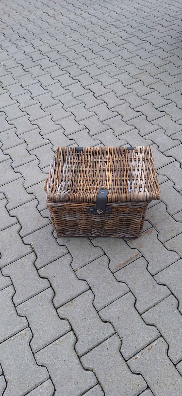 Vintage rieten fietsmand met deksel, Ophalen, Gebruikt, Fietsmand